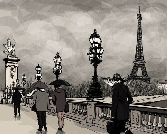 Poster Tekening van Alexander III brug in Parijs tonen Eiffeltoren