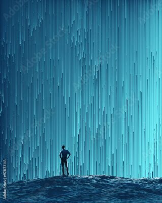 Poster Tekening van een man die in de stromende regen loopt.