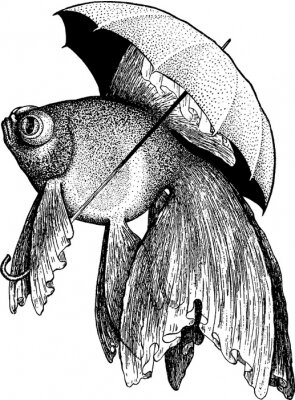 Poster Tekening van een vis die zichzelf beschut met een paraplu