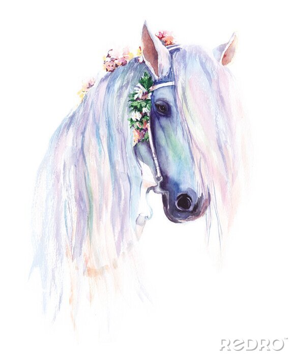 Poster Tekening van een wit paard in pastelkleuren