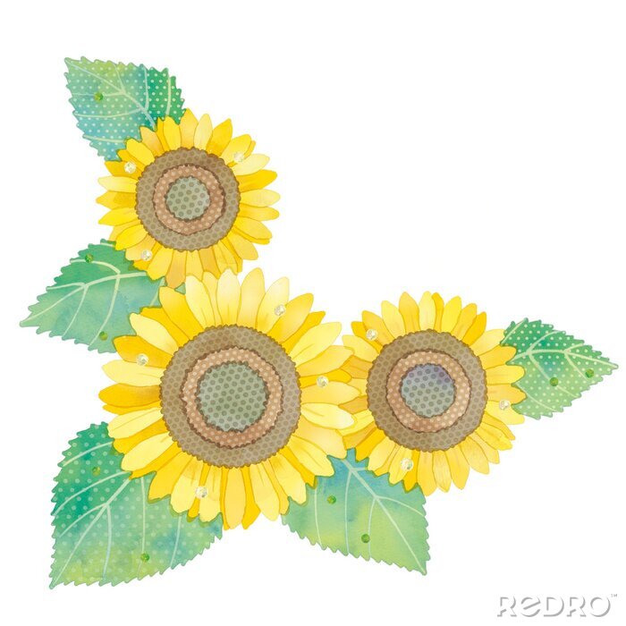 Poster Tekening van zonnebloemen met stippenbladeren