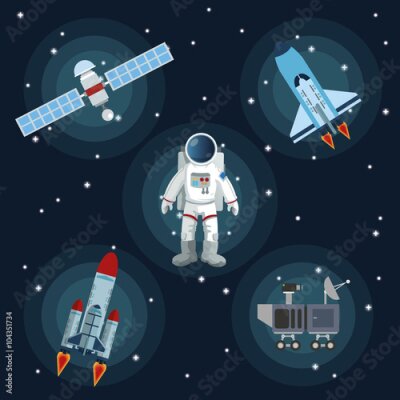 Poster Tekeningen van kosmische motieven tegen een achtergrond van sterren.