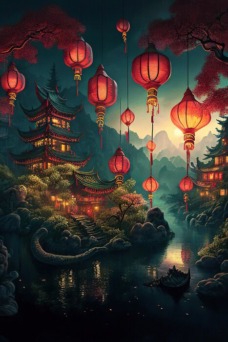 Poster Tempel en papieren lantaarns