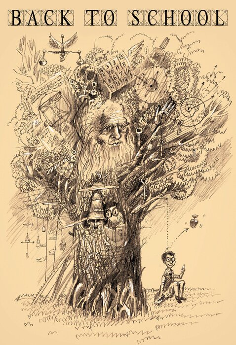 Poster Terug naar school poster.Tree van Knowledge.The wetenschapper maakt ontdekking. Metafoor van het wetenschappelijk denken. potloodtekening