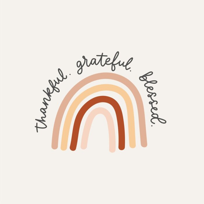 Poster Thankful grateful blessed inspirational lettering card with rainbow in brown, red and beige colors. Modern calligraphy design for prints, cards, textile, posters, nursery etc. Vector illustration