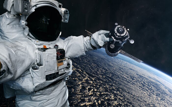 Poster The astronaut holds in his hand a space station in orbit of the Earth. Solar system. Science fiction. Elements of this image furnished by NASA
