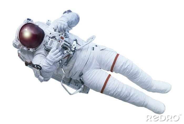 Poster The astronaut, with the device in hands, in a space suit, isolated on a white background. Elements of this image were furnished by NASA