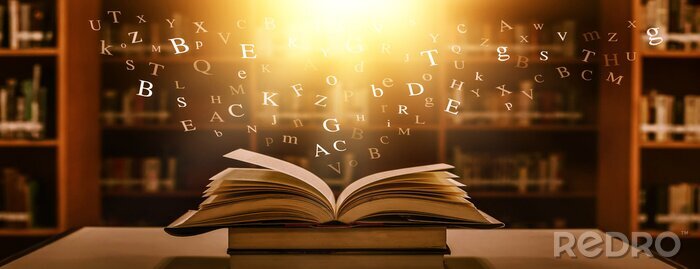 Poster 	 The concept of education by planting a tree of knowledge in the opening of an old book in the library and the magical magic of light that flies to the destination of success. Beautiful background