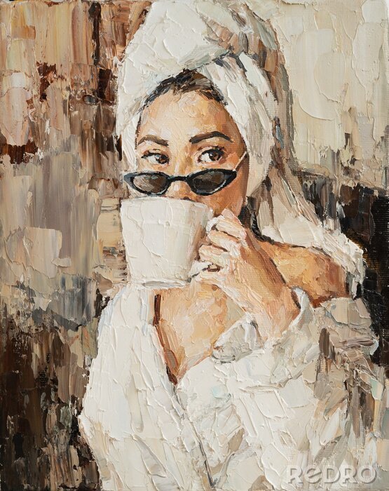 Poster The girl in black glasses and a white robe. A towel is tied on her head. A woman is drinking coffee. Oil painting on canvas.
