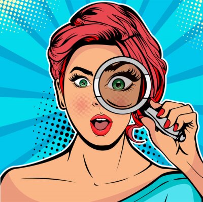 Poster The woman is a detective looking through magnifying glass search. Vector illustration in pop art retro comics style