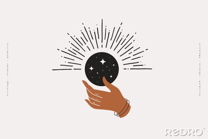 Poster The woman's hand holds a shimmering moon. Magic vector illustration in trendy minimal style. Mystical symbols for spiritual practices, ethnic magic, and astrological rites.