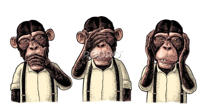 Poster Three wise monkeys. Not see, not hear, not speak. Vintage engraving
