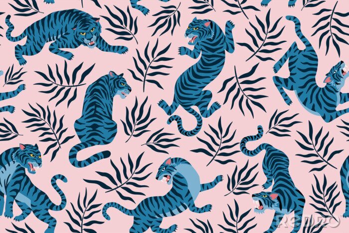 Poster Tigers and tropical leaves. Trendy illustration. Abstract contemporary seamless pattern.