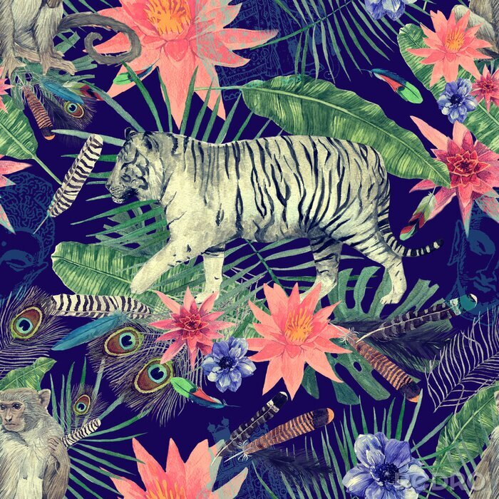 Poster Tijger en aapjes op de achtergrond met exotische planten