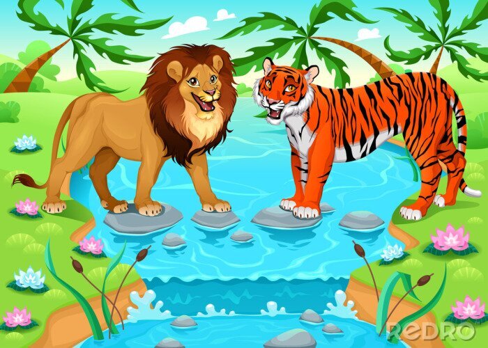 Poster Tijger en leeuw in de jungle
