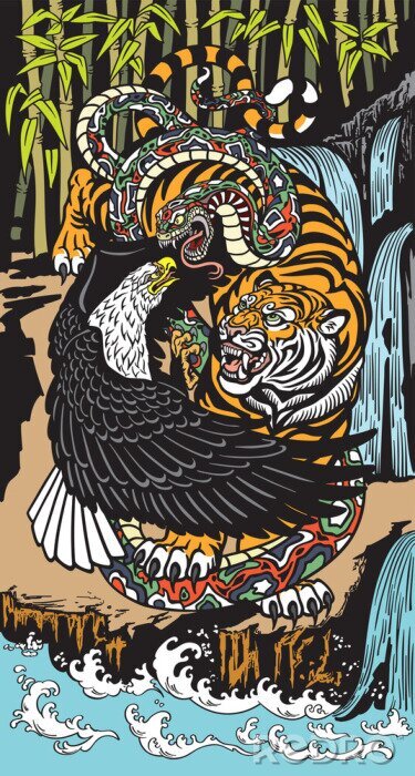 Poster Tijger, slang en adelaar vechten tegen kleurrijke afbeeldingen
