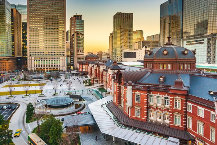 Poster Tokyo station building, railway station at Marunouchi district, Japan.