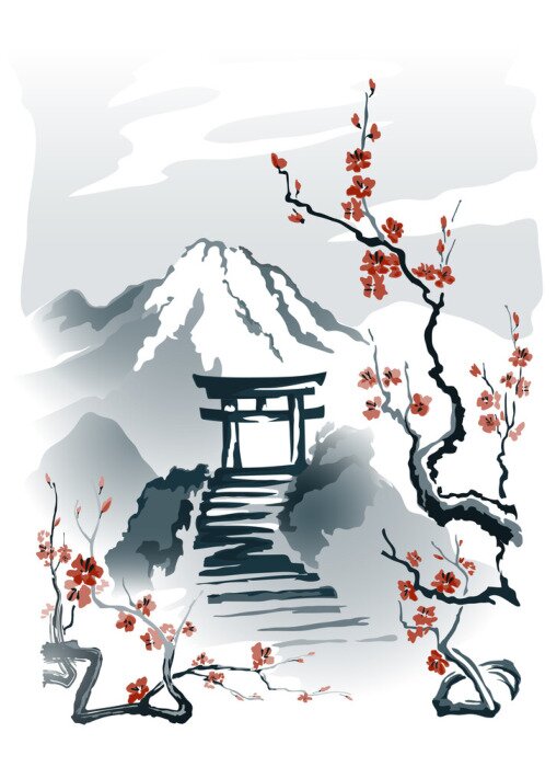 Poster Torii op een rots patroon in Japanse stijl