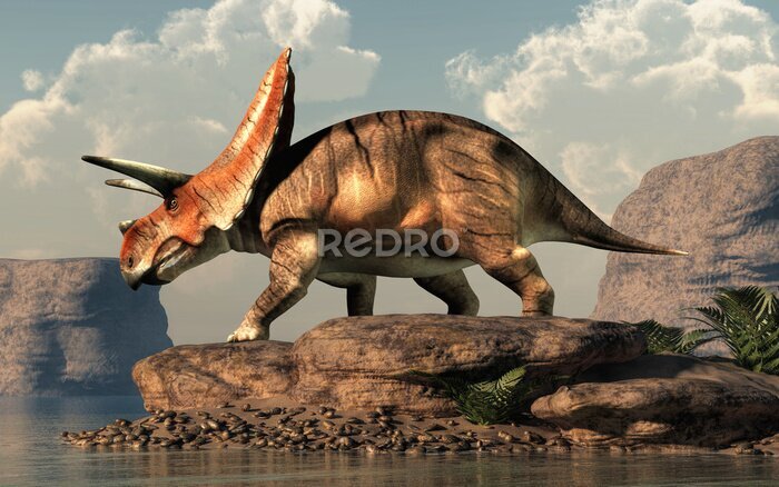 Poster Torosaurus op een rots bij een meer