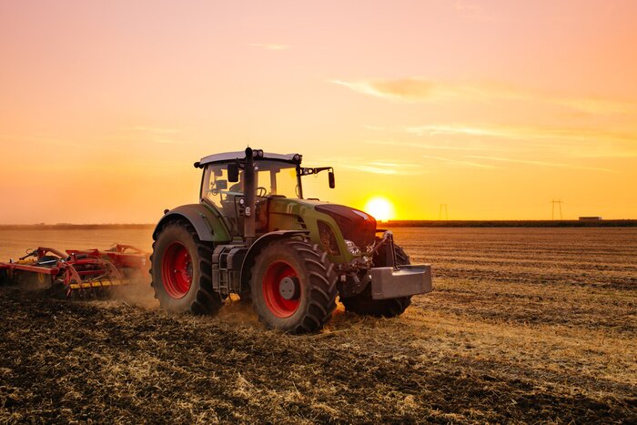 Poster Tractor in een gerstveld bij zonsondergang