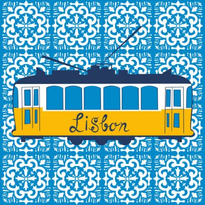 Poster Traditioneel de tramthema van Lissabon geel