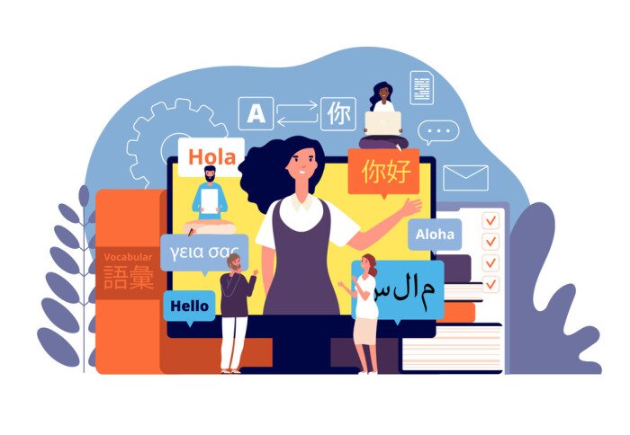 Poster Translator. Multilingual language translators app, learning foreign. Vocabularies, technology international communication vector concept. Language translate, dictionary translator illustration