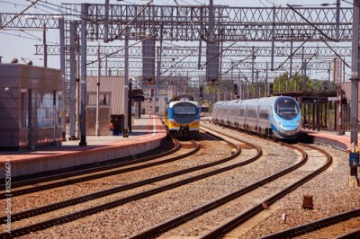 Poster Trein op het perron van het station in Gdynia, Polen.