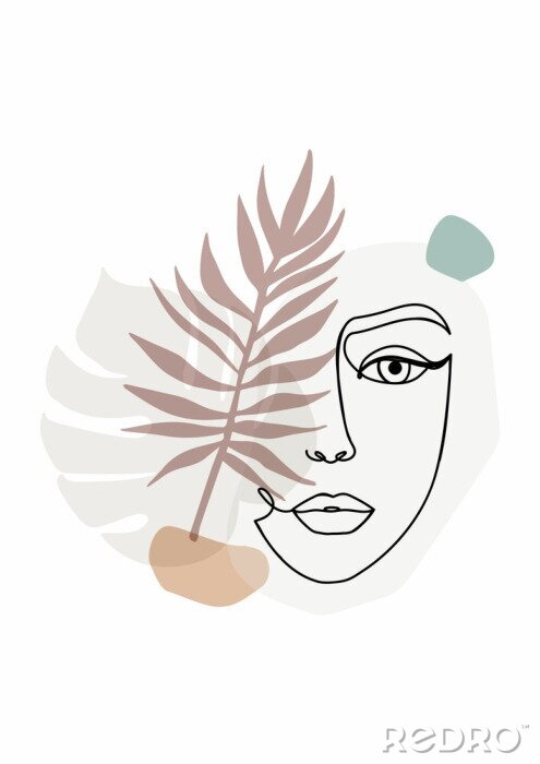 Poster Trendy one line art illustration with woman's face, abstract shapes and tropical leaves.Continuous line art in elegant modern style for prints, posters, textile, cards etc. Vector illustration
