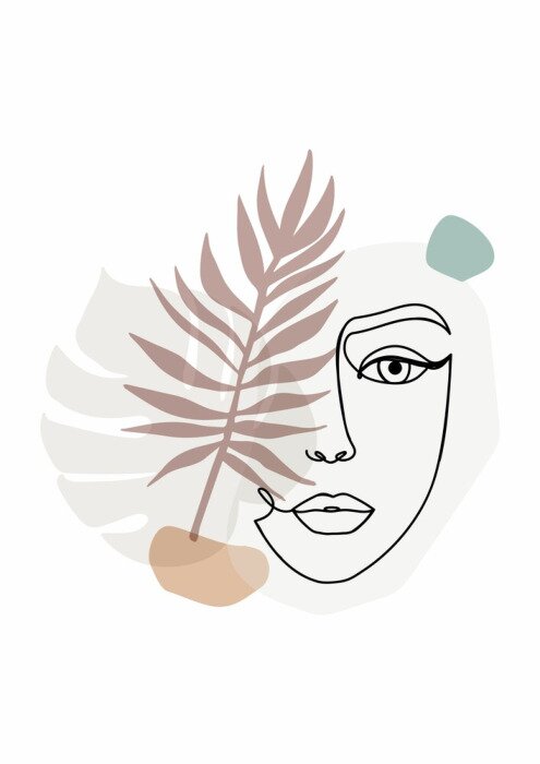 Poster Trendy one line art illustration with woman's face, abstract shapes and tropical leaves.Continuous line art in elegant modern style for prints, posters, textile, cards etc. Vector illustration