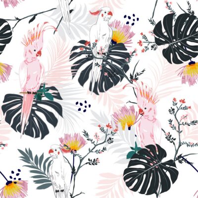 Trendy summer Tropical floral print. Parrot bird in the jungle and flowers in the exotic forest  allover design, seamless pattern vector for fashion ,wallpaoer and all prints