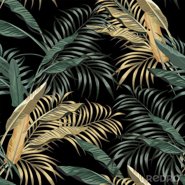 Poster Tropical banana leaves seamless black background