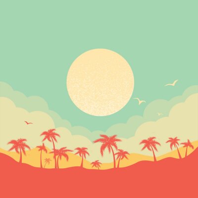 Poster Tropical island paradise background with palms silhouette and sky
