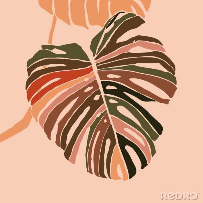 Poster Tropical monstera leaves in a minimalist trendy style. Silhouette of a plant in a contemporary simple abstract style. Vector illustration collage. For t-Shirt Print, card, poster, social media post