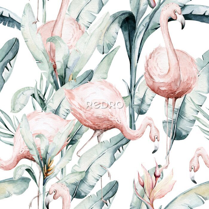 Poster Tropical seamless pattern with flamingo. Watercolor tropic drawing, rose bird and greenery palm tree, tropic green texture, exotic flower