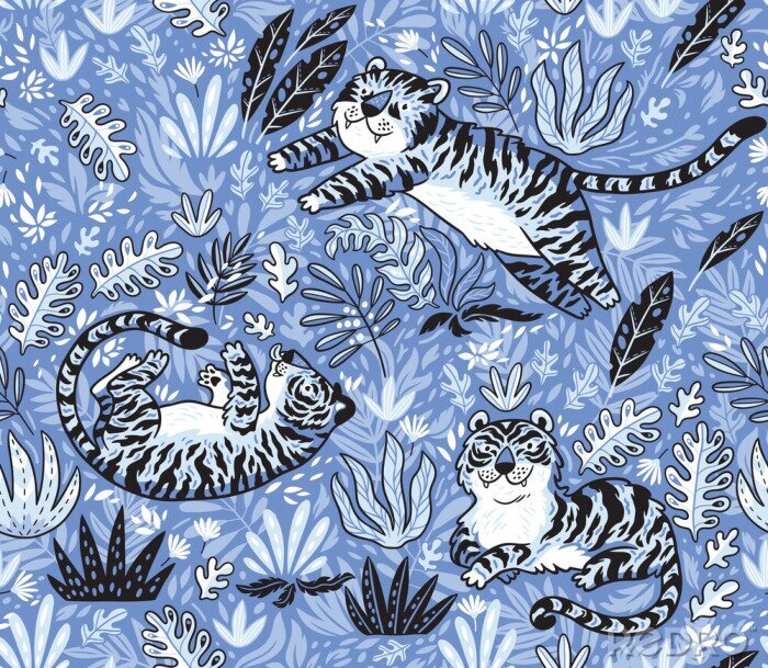Poster Tropical seamless pattern with funny tigers in cartoon style. Vector illustration in blue colors