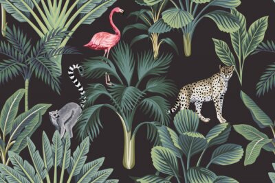 Behang Tropical vintage wild animals, flamingo, palm trees, banana tree floral seamless pattern dark background. Exotic botanical jungle wallpaper.