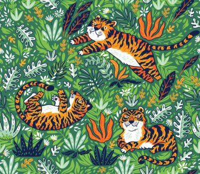 Tropisch naadloos patroon met grappige tijgers in beeldverhaalstijl. Vector illustratie