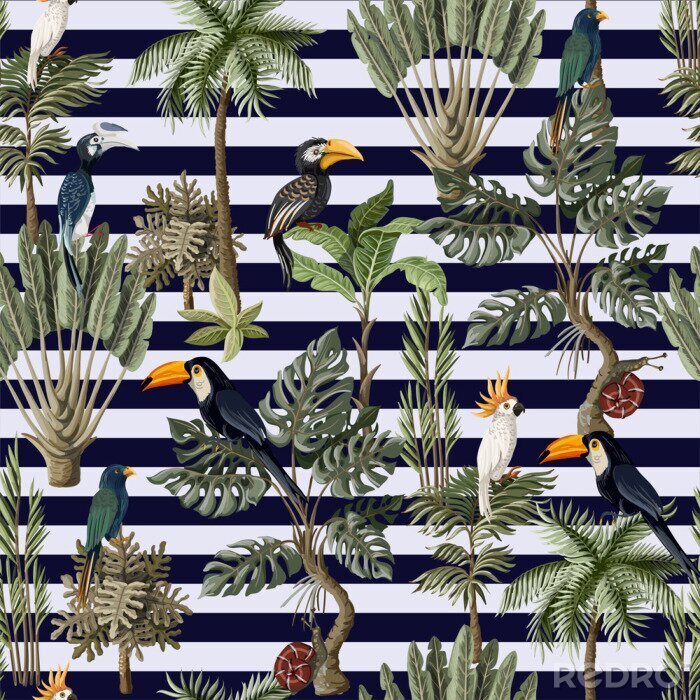 Poster Tropische dieren en planten op een gestreepte achtergrond