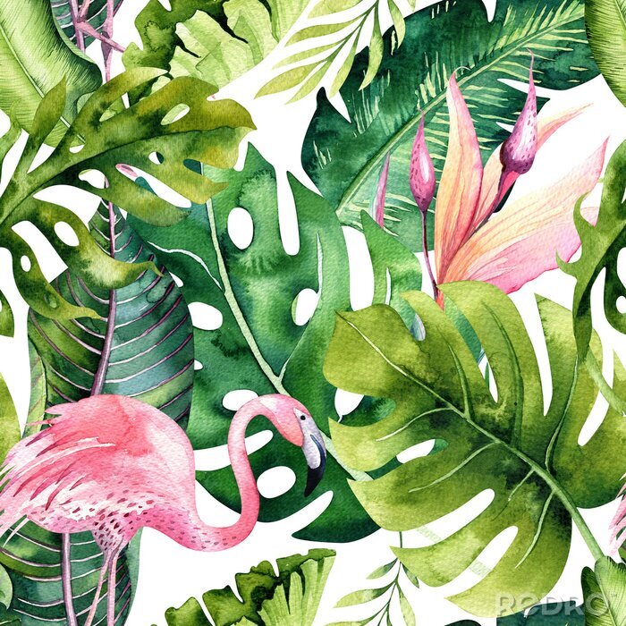 Poster Tropische flamingo's en monstera bladeren
