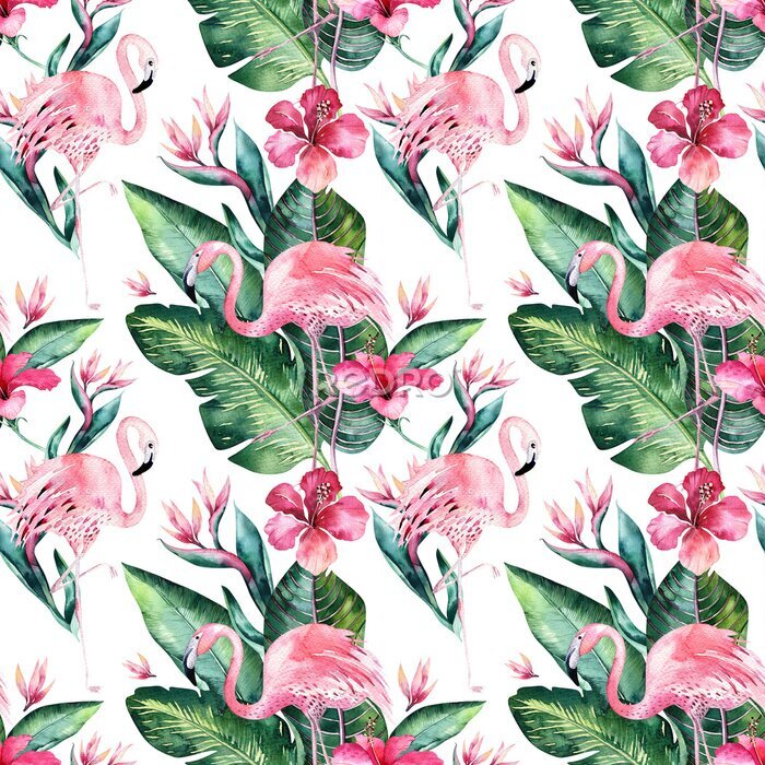 Poster Tropische naadloze bloemen zomer patroon achtergrond met tropische palmbladeren, roze flamingo vogel, exotische hibiscus. Perfect voor jungle-achtergronden, mode textielontwerp, stoffenprint.