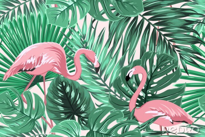 Poster Tropische naadloze patroon textuur met exotische groene palmbomen boom monstera bladeren en roze flamingo vogels paar. Vector ontwerp illustratie voor achtergrond, decoratie, mode, stof, textiel.
