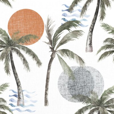 Tropische palmbomen en zon geschilderd in aquarel