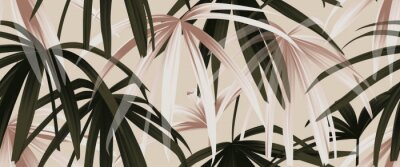 Tropische plant naadloze patroon, rose goud en groene palmbladeren op licht roze achtergrond