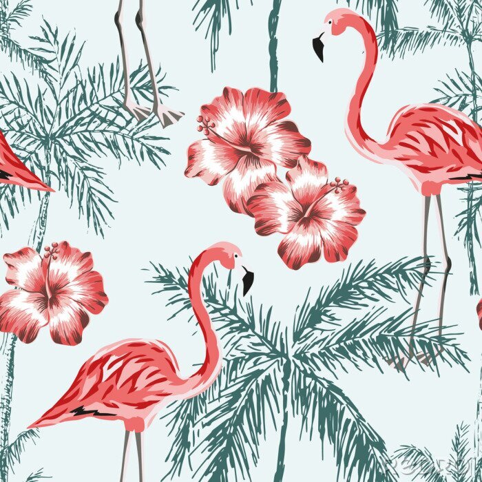 Poster Tropische planten en flamingo's