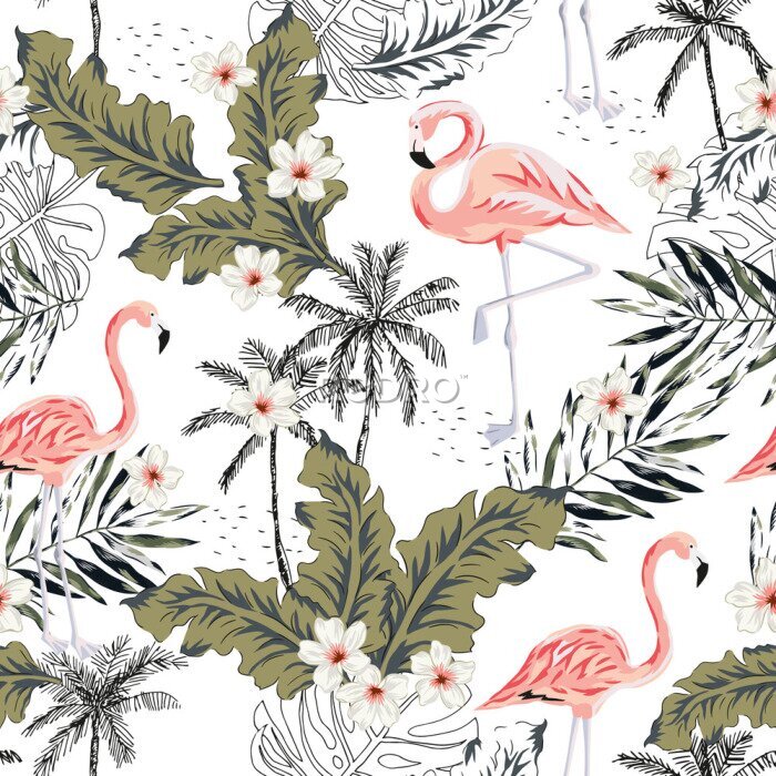 Poster Tropische roze flamingovogels, plumeriabloemen, palmbladen, bomen witte achtergrond. Vector naadloos patroon. Grafische illustratie. Exotische jungleplanten. Zomer strand bloemdessin. Paradijs natuur