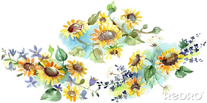 Poster Trossen zonnebloemen en blauwviolette accessoires