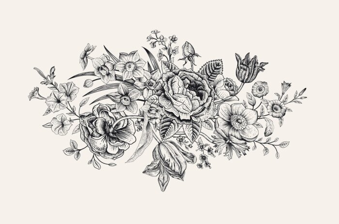 Poster Tulpen en bloemensamenstelling in zwart-wit