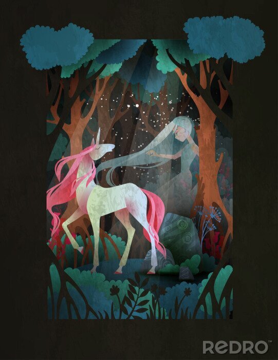 Poster Tussen de bomen een eenhoorn en een bosnimf