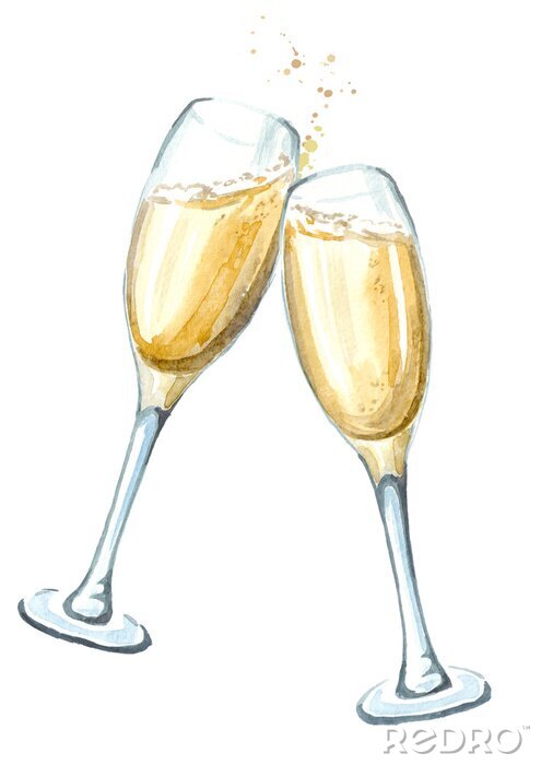 Poster Twee glazen champagne bij het roosteren. Waterverfhand getrokken die illustratie op witte achtergrond wordt geïsoleerd