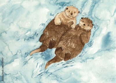 Poster Twee otters die poten vasthouden